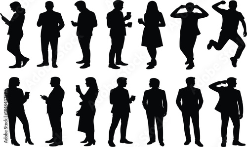 Large group of people men and women in various standing and action poses silhouettes collection