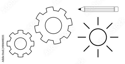 Education, design thinking, creativity, problem-solving, teamwork, innovation. Black and white gears, sun and pencil. Creativity and design thinking concept connecting imagination and precision