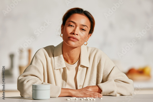 Confident woman sitting with medicine on table in minimal interior, health and wellness concept