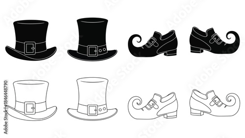 Collection of leprechaun hats and shoes in black and white line art