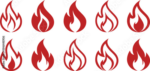 Collection Of Red Flame Icons On White Background fire