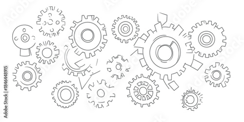Hand drawn doodle sketch of interconnected mechanical gears and cogs in minimalist flat style illustrating teamwork process mechanism concept vector illustration