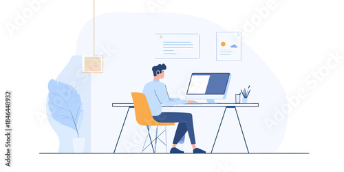 Male professional working on desktop computer in modern minimalist office with plant and wall art flat vector illustration for business technology concept