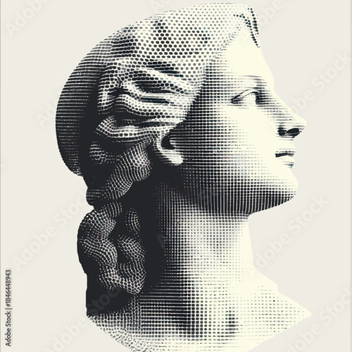 Profile of ancient Greek sculpture head of woman with halftone dots texture in vintage retro vector style isolated on white background