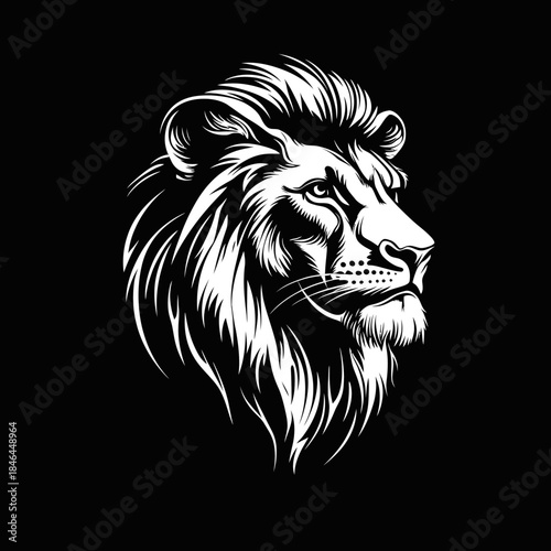 Detailed black and white majestic lion head illustration with flowing mane, strong facial features, and intense gaze on black background, vector art design for logos and tattoos