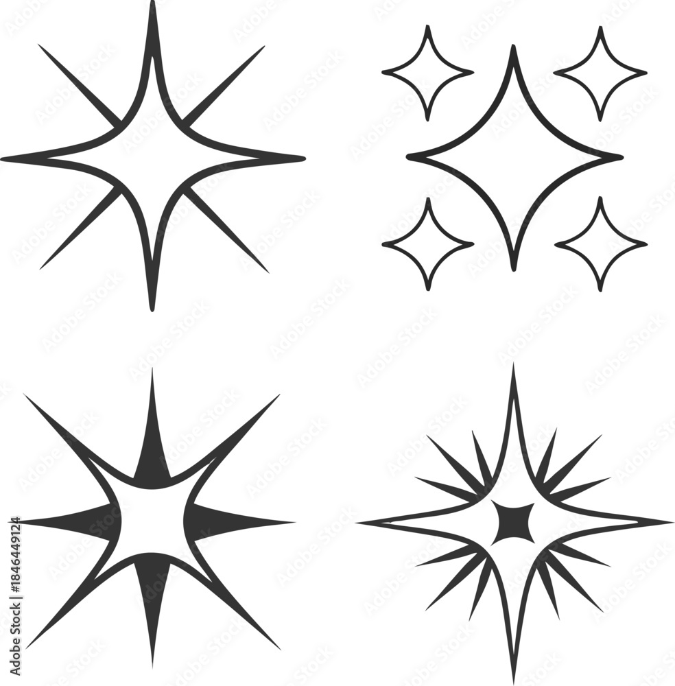 Obraz premium Four Dark Gray Starburst and Sparkle Shapes graphic