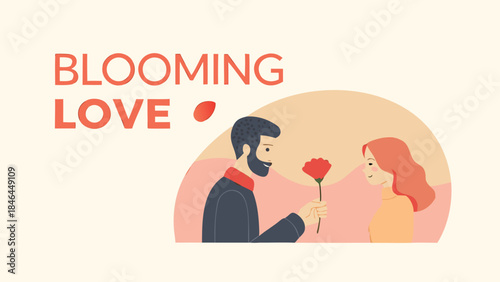 Man giving a red rose to a woman in a romantic illustration with blooming love theme, soft pastel colors and gentle atmosphere