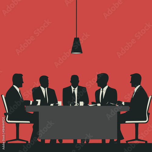 Silhouettes of five business men in suits sitting around conference table under hanging lamp during meeting discussion in minimalist flat style vector illustration
