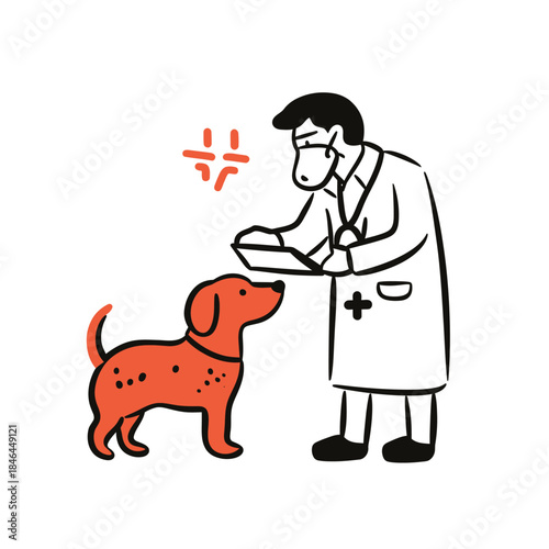 Veterinarian examining dog with medical chart pet health checkup veterinary clinic consultation flat line art vector illustration