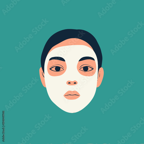 Minimalist vector illustration of a woman face with white cosmetic mask applied on face skincare beauty treatment concept