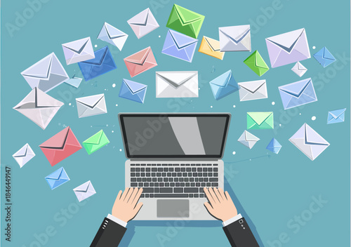Top view businessman hands typing on laptop keyboard sending colorful email envelopes flying as digital communication concept flat vector illustration