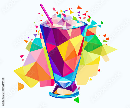 Colorful polygonal vector illustration of milkshake glass with whipped cream and straw in minimalist flat geometric style with vibrant triangles explosion background