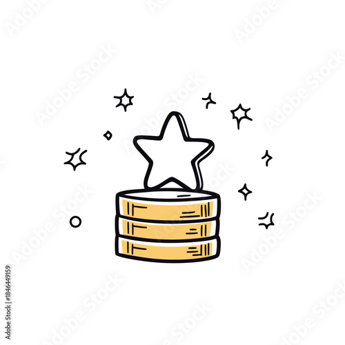 Hand drawn concept of bonus points with stack of gold coins and star symbol surrounded by sparkles for reward loyalty program on white background