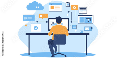Flat vector illustration of man working on computer with multiple digital screens connected to cloud network data and online communication technology concept