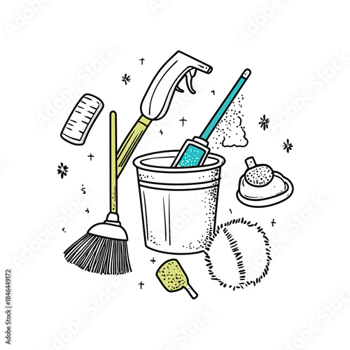 Hand drawn cleaning supplies set with broom, bucket, mop, sponge, spray bottle, and scouring pad in doodle sketch style for household chores and hygiene concept vector illustration