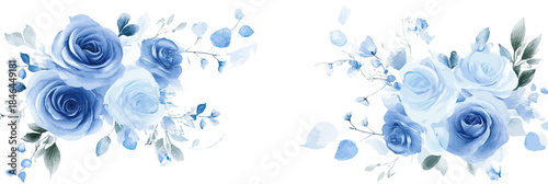 Watercolor blue roses floral bouquet with delicate leaves and buds symmetrical arrangement for wedding invitation and celebration design elements vector art