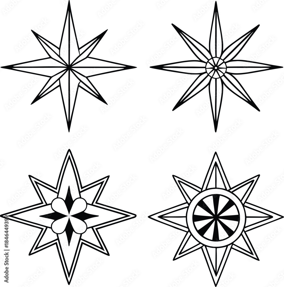 Obraz premium Four Black and White Starburst and Compass Rose Designs