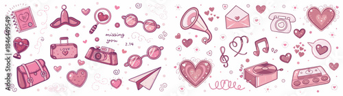 Valentine's Day themed pink heart illustrations and objects