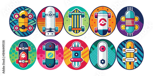 An icons collection of various type skateboard in colorful circular cartoon style, best for any design needs