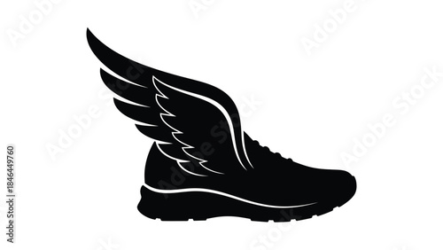 A black and white image depicting a running shoe with wings attached