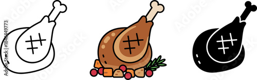 Traditional Roasted Chicken or Turkey with Vegetables Icon.