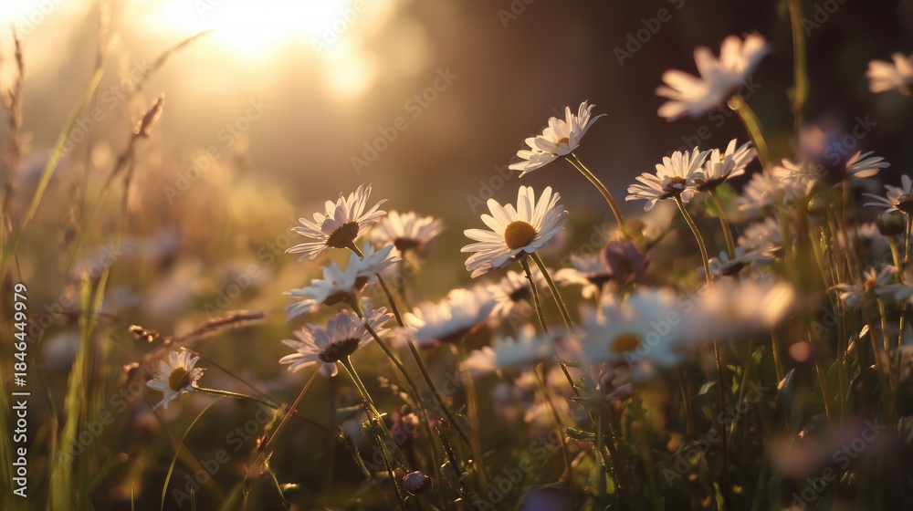 Fototapeta premium Flowers bloom in a field during golden hour in a natural setting