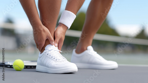 Male tennis player experiencing severe ankle pain or sprain injury during a match on the court, holding his leg with visible discomfort and needing medical attention