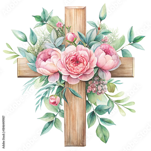 watercolor illustration of a wooden cross decorated with Flower vector