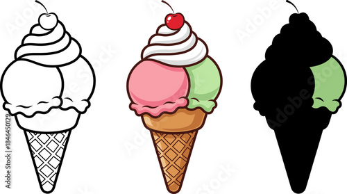 Twin Scoop Ice Cream Cone with Whipped Cream and Cherry Icon.