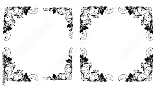 Elegant black floral corner designs arranged in a grid pattern on white background