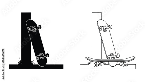Skateboard designs a black silhouette and a white line art illustration