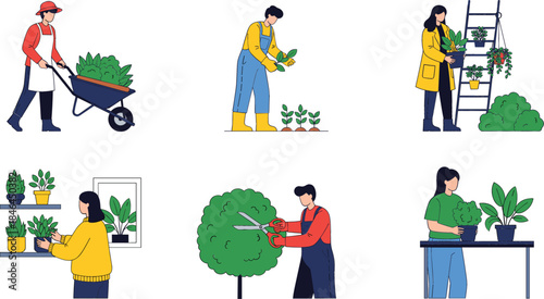  People gardening and caring for house plants and outdoor greenery, set of diverse characters planting trimming and watering vegetation in flat cartoon style for nature and eco-friendly lifestyle proj