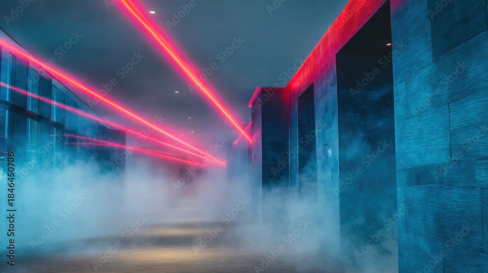 Fototapeta premium Custom light and fog setup in a unique hallway at a modern venue