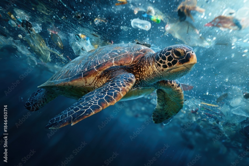 Obraz premium Swimming sea turtle navigates through a sea of plastic debris in a polluted ocean, highlighting the urgent need for environmental protection efforts