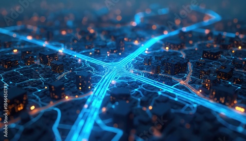 Abstract glowing blue lines form a futuristic city network. Buildings and lights create an urban grid of interconnected roads. Technology advances city planning and transit flow.