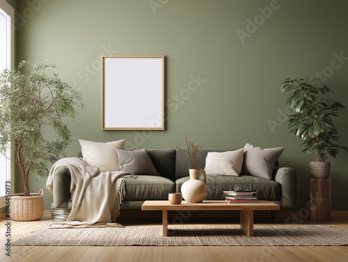 frame mockup in cozy living room deign, green sofa on a green wall 