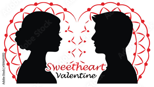 Silhouette of a loving couple gazing at each other inside a heart shaped decoration on valentines day