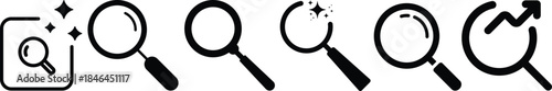 Magnifying glass icon vector design. Search icon vector.Minimalist flat vector icon set for business and finance, featuring a report document, growth bar chart, research magnifying glass,