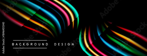 Dynamic colorful lines form abstract shapes against black backdrop. Modern design element suitable for various projects.