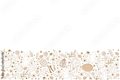 A delicate Easter border at the bottom of a white background, featuring hand-drawn bunnies, eggs, and flowers in soft brown and beige tones.