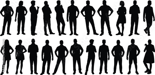 Silhouettes of Twenty Individuals in Mixed Attire and Gestures Depicting Standing Poses, Body Language, and Gender Representation