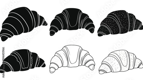 A collection of black and white croissant sketches varying in shading style