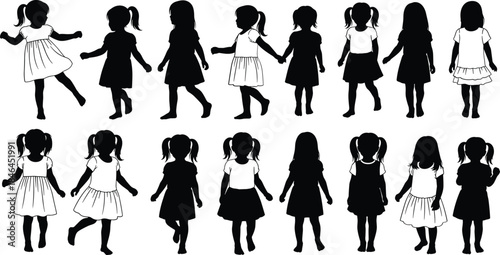 Little girls silhouettes collection showing children standing and walking representing childhood, innocence, and lifestyle concept.