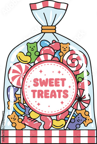 Vector illustration of a transparent plastic bag filled with assorted colorful candies like gummy bears and lollipops, labeled "Sweet Treats",