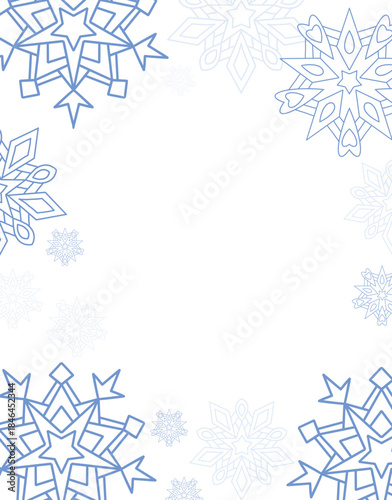 Blue outline snowflakes and sparkles forming a soft border on white background. Winter or Christmas frame template for text or photos