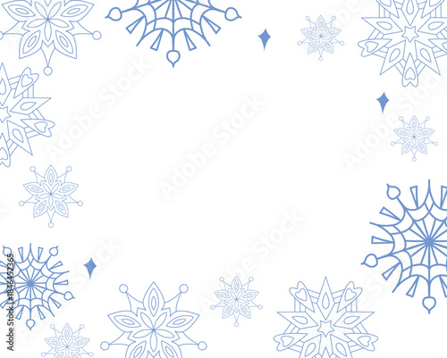 Blue outline snowflakes and sparkles forming a soft border on white background. Winter or Christmas frame template for text or photos