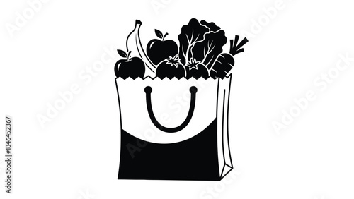 Black and white illustration of a paper bag filled with fruits and vegetables