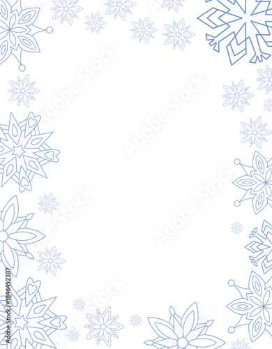 Blue outline snowflakes and sparkles forming a soft border on white background. Winter or Christmas frame template for text or photos
