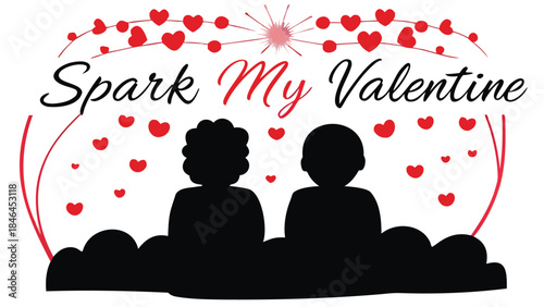 Couple sitting under heart shaped fireworks on valentines day together watching romantic fireworks display silhouette