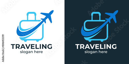 Traveling logo design illustration. suitcase design with airplane vector icon symbol
